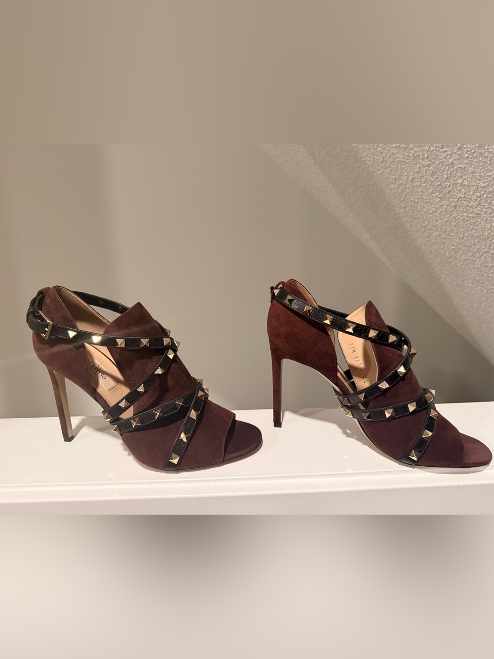 Valentino Brown Suede Studded Strappy High Heels